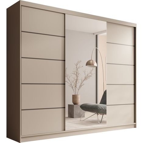 Les Tendances – Armoire coulissante 3 portes avec miroir – Largeur 250 cm – Panneaux stratifiés 16 mm – 11 étagères et penderie – Design moderne beige