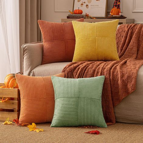Lot de 4 housses coussin velours côtelé patchwork 40x40, orange vert, canapé, automne (1/5)