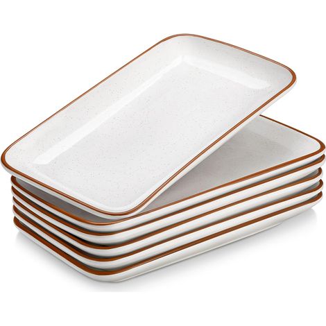 Lot De 6 Assiettes Dessert Céramique 24,7x14,2cm Bord Surélevé Rectangulaire Micro-ondes Lave-vaisselle Apéritif (1/5)