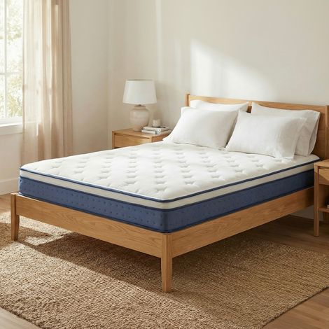 Matelas à Mémoire de Forme Gel, 160 x 200 cm, Hybride Ressorts Ensachés, Soutien 7 Zones, Housse Respirante, Bleu (1/5)