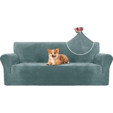 Samt Sofa Überzug 3 Sitzer, elastisch, rutschfest, grau-blau (1/5)