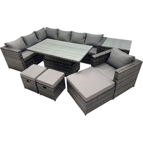 Fimous 10-seater Height Adjustable Rising Lifting Table Corner Sofa Set Rattan Garden Furniture Dining Set with 3 Stool Side Table Dark Grey Mixed (1/5)