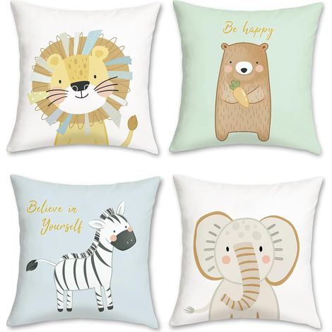 Bonhause Housse de Coussin Animaux 45 x 45 cm Lion Ours Zèbre Eléphant Velours Doux Décoratif Taie d'oreiller pour Canapé Salon Chambre Chaise Jardin Maison Décoration 4 Pièces (1/4)