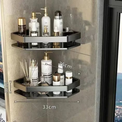 Étagère de rangement murale en aluminium (noir, 2 niveaux) pour salle de bain, en forme de losange, pour lavabo ou WC. Fixation murale d'angle, sans perçage. (1/5)