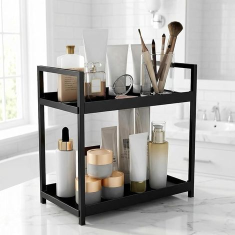 1 - Organisateur Maquillage - Étagère Salle de Bain - Rangement 2 Niveaux Acier et PP - Pour Cosmétiques et Épices - Noir - 30x17x30 cm (1/5)
