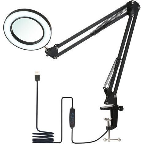 Lampe de Table Flexible à Pince avec Loupe 8X,Bras Orientable,LED Dimmables,3 Modes de Couleur et 10 Niveaux de Luminosité