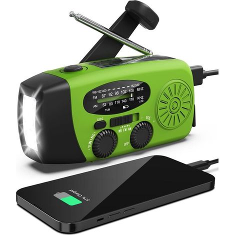 Radio d'urgence Verte - Mécanique - Panneau solaire - Lampe de poche - AM/ FM - Powerbank - Batterie - Kit d'urgence - Résistant aux éclaboussures (1/5)