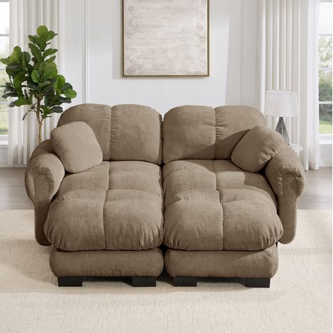 Divano modulare 2 posti in ciniglia, 190 x 149 x 90 cm, con pouf mobile, marrone DESVIAE (1/5)