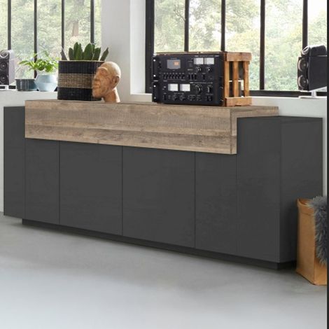 Dmora - Kommode Dgerl, Küchen-Sideboard mit 4 Türen, Wohnzimmer-Buffet, 100% Made in Italy, cm 220x45h86, Anthrazit und Ahorn (1/5)