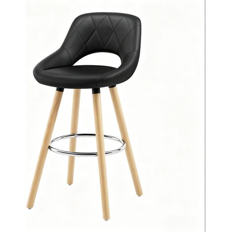 Sgabello da bar nero con schienale, seduta in ecopelle e gambe in legno, 1 pezzo (1/5)