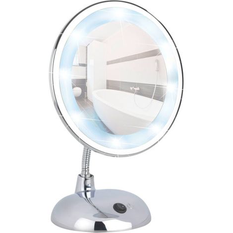 Miroir grossissant LED x3 sur pied – Diamètre 16 cm – Boîtier chromé – Angle d'inclinaison réglable – Rétroéclairage 10x LED (1/4)