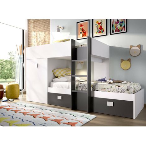 Dmora - Cama infantil Dbajram, Dormitorio completo con armario y cajoneras, Composición litera con dos camas individuales, 271x111h150 cm, Blanco y Antracita
