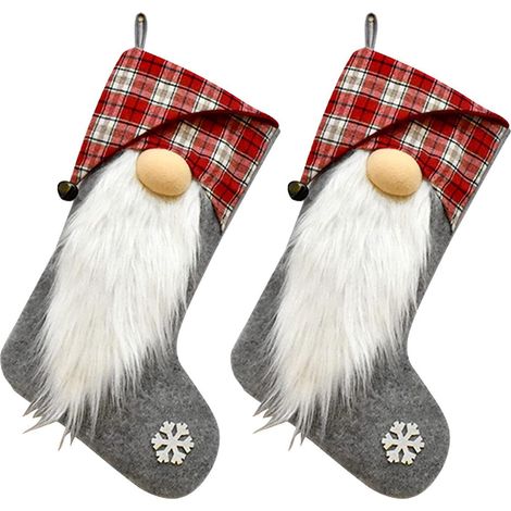 Set mit 2 Paar 45 cm breiten Flanell-Weihnachtsstrümpfen mit Motiven von Zwergen, Weihnachtsmann, Geschenktüten, Kaminen und Wohnaccessoires – Rot
