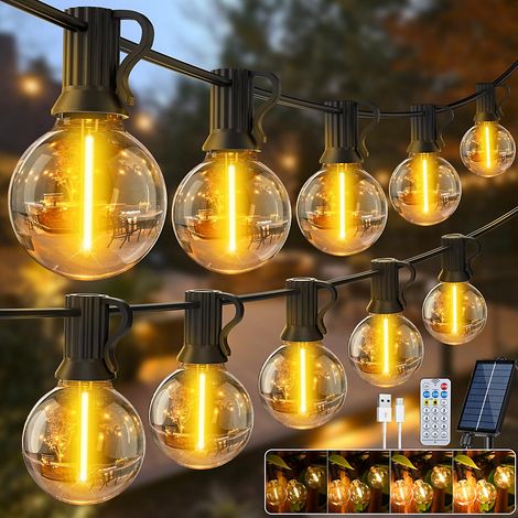 Guirlande lumineuse solaire d&aposextérieur de 15 m, rechargeable, avec télécommande, 25 + 1 ampoules LED G40, étanche IP44 (1/5)