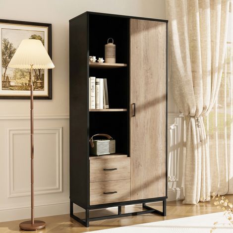 Buffet Haut de Rangement avec 1 Porte 2 Tiroirs et 3 Niches, Style Industriel, pour Salon, MDF, Noir et Bois, 80 × 40 × 180 cm (1/5)