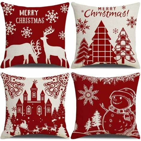 Housse de Coussin Noel 45x45cm, Lot de 4 Noël Décoratif Canapé en Coton et Lin Noël pour Canapé Lit Chambre Chaise Jardin-Décoration Noël Rouge (1/5)