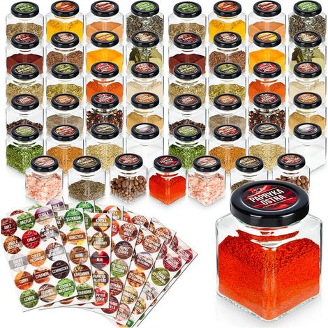 Pot à épices en verre 100 ml, lot de 48 + 180 autocollants