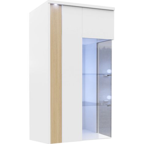 Armario de pared Florem, Blanco + Blanco brillante + Luminoso madera, 110x52cm, Número de puertas: 140cm, Aglomerado laminado, LED