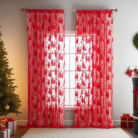 Rideau De Fenêtre De Noël - Polyester - 100 X 140 Cm - Rouge - Décoration Festive Pour Salon Ou Porte - 2 Pièces (1/5)