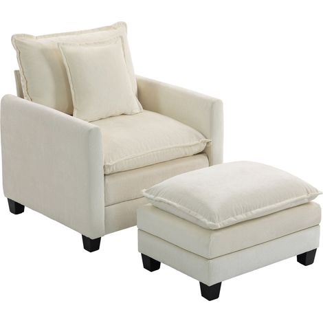 Lounge-Sessel mit Hocker, Einsitzer-Chenille-Sessel, geräumige Sitzfläche, doppellagige Polsterung, 85 x 128 x 86 cm, cremefarben