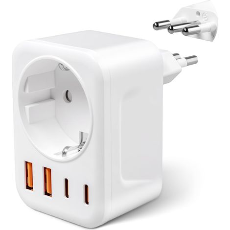 Italienischer Steckeradapter mit 1 Steckdose, 2 USB-A-Anschlüssen und 2 USB-C-Anschlüssen (3,4 A) – Typ L (FR-IT-Reiseadapter) (1/5)