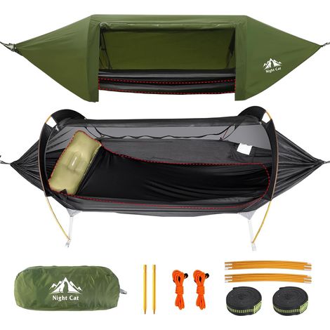 Hamac-tente Night Cat avec moustiquaire et housse imperméable, pour 1 personne – idéal pour la randonnée, le camping, le jardin ou la terrasse – Wild Green Pro (1/5)