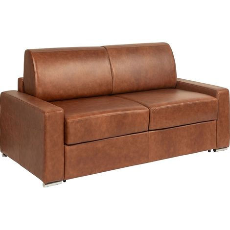 Canapé 4 places convertible express en cuir de buffle vintage caramel - Couchage 160 cm - Matelas 22 cm avec mémoire de forme CALITO (1/3)