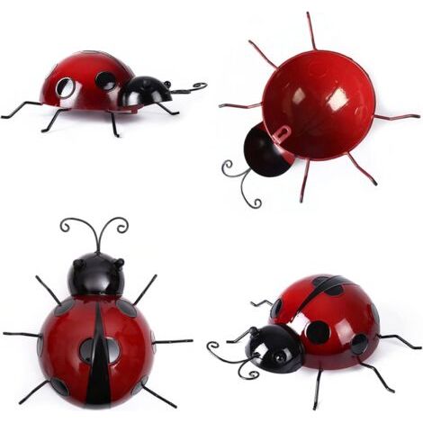 NTCL 4 Piezas Decoración de Jardín Mariquita Escultura de Pared Escarabajo Valla de Metal Decoración Interior Balcón Óxido Insectos Decoraciones para el Hogar Decoración 3D Cercas de Insectos Rojo