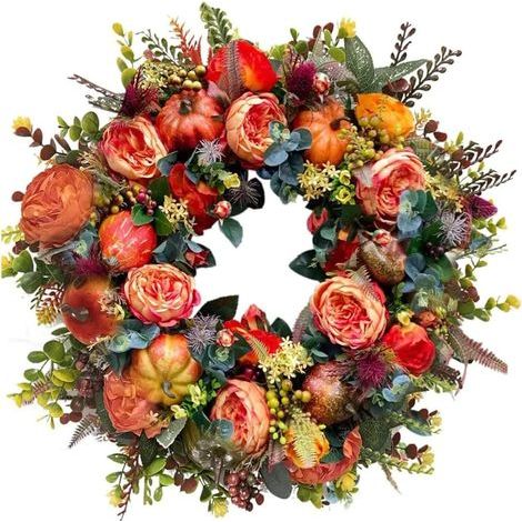 Fleurs artificielles, Couronne de pivoines et de citrouilles d'automne toute l'année, couronnes d'automne pour porte d'entrée, couronne de citrouille, décoration de porte de Thanksgiving (45 cm) (1/5)