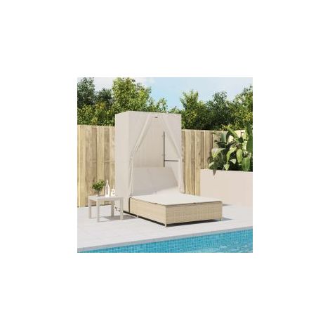 Chaise longue double avec toit et rideaux beige résine tressée (1/5)