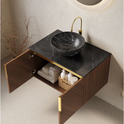 Meuble de salle de bain suspendu 76 cm avec vasque céramique noire et plan en pierre frittée (1/5)