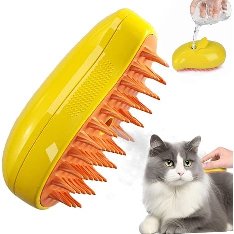 Brosse vapeur pour chat - Brosse vapeur douce autonettoyante - Brosse vapeur 3 en 1 pour chats - Pour chiens et chats - Brosse vapeur pour chien - Peigne pour chat - Poils courts - Poils longs - Jaune
