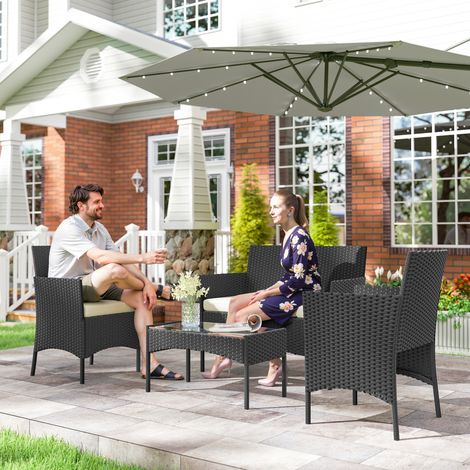 Conjunto Muebles Jardín de Ratán Sintético con Sofá Sillones y Mesa de Vidrio Templado y Cojines Negro y Crema (1/5)