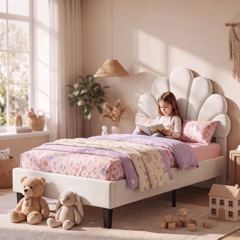 Letto singolo 90 x 190 cm - testiera a forma di conchiglia imbottita con rete a doghe letto per bambini - moderno - velluto - beige (1/5)