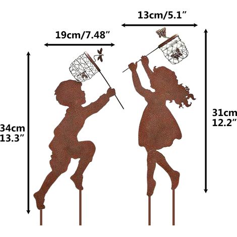 paire de piquets décoratifs en métal représentant un garçon et une fille attrapant des papillons, décoration de jardin extérieure, silhouettes garçon et fille, piquets de jardin, décoration printanièr (1/5)