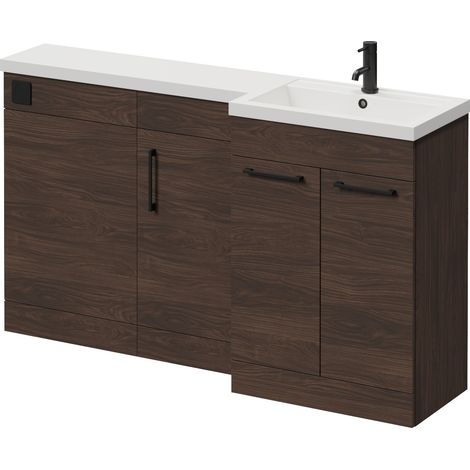 Napoli 390 Brown Oak 1500mm 3 Door Vanity Unit Toilet Suite with Right Hand Square Lucia Basin - 1500mm - Matt Black 160mm HandleWithout Kingston Toilet Pan