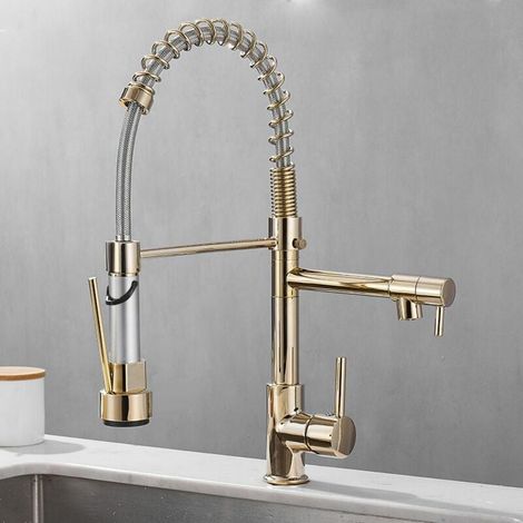 1 Robinet de cuisine, laiton, 2 modes jet, rotation 360°, bec extractible, or (1/5)