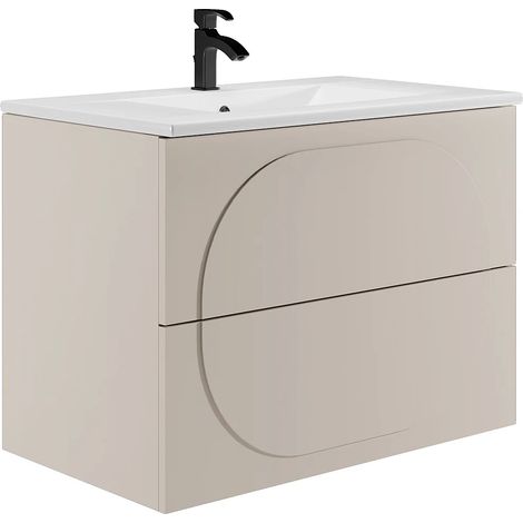 Vente-Unique – Meuble sous vasque suspendu 80 cm – 2 tiroirs soft close – Mdf beige – Vasque à encastrer céramique blanc 81 cm