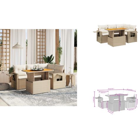 Salon de jardin avec coussins 5 pcs beige résine tressée - Ensemble Salon De Jardin - Meuble Extérieur - Résine Tressée - Rotin Synthétique - Table Extensible (1/3)