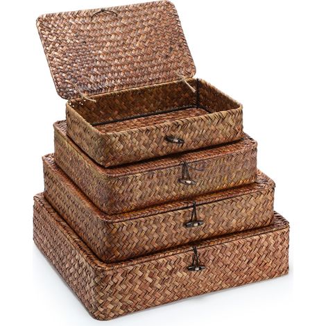 Lot de 4 paniers de rangement en jonc de mer avec couvercle - Paniers de rangement décoratifs tissés pour étagère, placard, chambre à coucher, 4 tailles (marron foncé) (1/5)