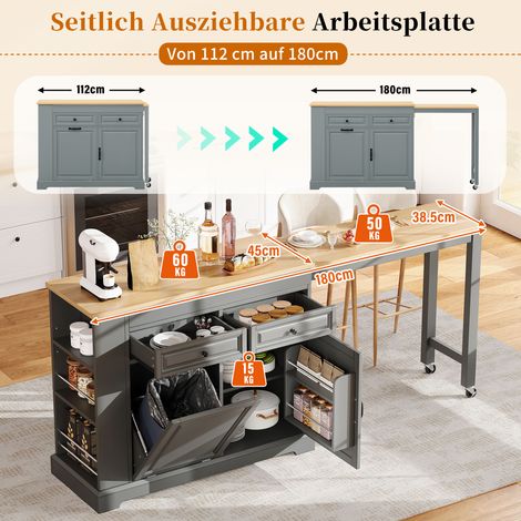 Îlot de cuisine mobile sur roulettes, table extensible avec tiroirs et compartiment poubelle, meuble îlot autoportant, idéal pour cuisine et salle à manger (Gris) (1/5)