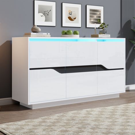 Moderner Buffet mit 3 Türen, 5 Verstellbaren Einlegeböden, LED, für Wohnzimmer, Spanplatte, Weiß × Schwarz, 140 × 40 × 70 cm (1/5)