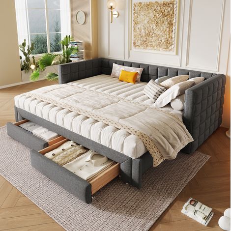 Banquette-lit 219,5/183/74 cm grise en velours extensible avec 2 tiroirs (1/5)