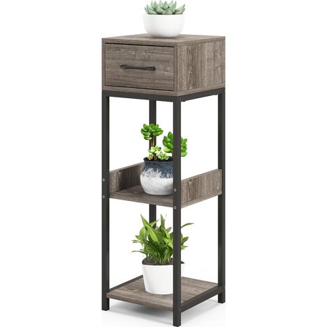 COSTWAY Soporte para Plantas Alto de Interior de 3 Niveles, Mesa de Metal para Plantas con Cajón, Dispositivos Antivuelco, Estante de Exhibición de Esquina Vertical, Organizador Cuadrado para Macetas (1/5)