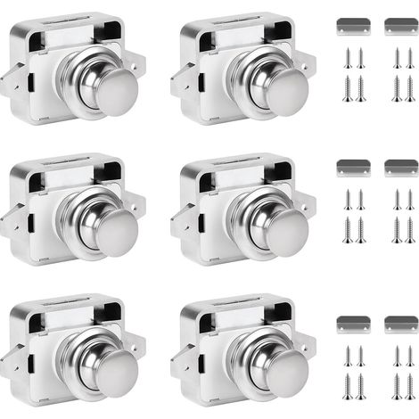 6 Pièces Loquet à bouton poussoir Poussoirs camping car Bouton poussoir loquet sans clé Serrure de porte meuble fermoir pour porte de caravane,van,yacht drawer cabinet,placard,tiroir (Nickel) (1/5)