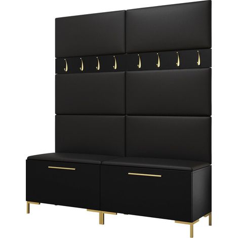 Meuble d'entrée Nomal II, Noir, 196x168x46cm, Faux cuir, Stratifié, Murale, À poser (1/5)