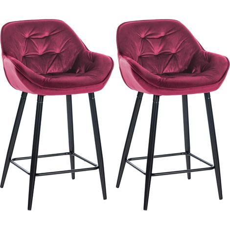 Conjunto de 2 taburetes de bar modernos en terciopelo rojo burdeos con asientos acolchados y envolventes y patas de metal negro 100006031