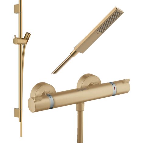 HANSGROHE Pack mezclador termostático de ducha Ecostat Comfort + barra Unica S Puro + flexible + rociador Pulsify E negro mate (1/3)