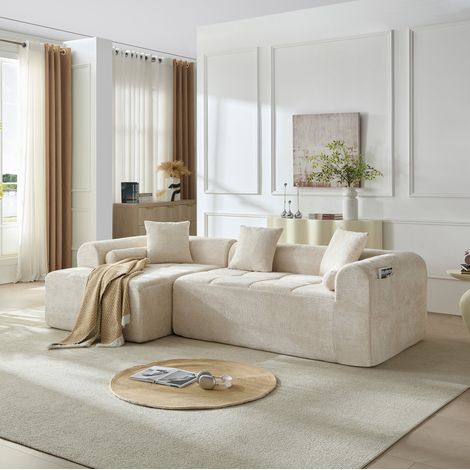 Sofá esquinero beige de chenilla 263 cm con bolsillo lateral OKWISH (1/5)