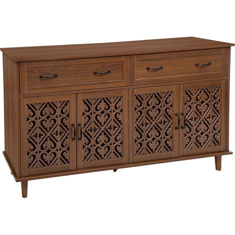 Buffet et Enfilade avec 4 Portes, 2 Tiroirs et Étagères Réglables, pour Salon, en Panneau de Particules, Noyer